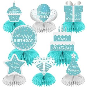 teal birthday decorations table centerpieces for women girls, 8pcs breakfast blue happy birthday honeycomb centerpieces party supplies, teal blue bday party table topper decor