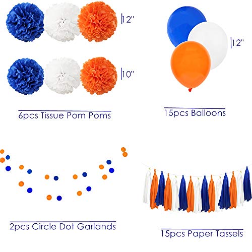 Carnival Navy Blue Orange White 38pcs American Birthday Bachelorette Baby Shower Wedding Party Decoration Kit - - 12" 10" Tissue Pom Pom, 12' Latex Balloon, Paper Tassel, Circle Dot Garland