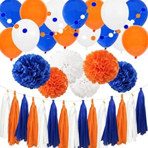 carnival navy blue orange white 38pcs american birthday bachelorette baby shower wedding party decoration kit – – 12″ 10″ tissue pom pom, 12′ latex balloon, paper tassel, circle dot garland