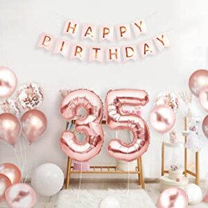 35th Birthday Party Decorations Rose Gold Supplies Big Set for Women with Happy Birthday Balloons Banner and 35 Digit Balloon for Her Including Latex and Confetti Balloons