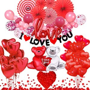 hipeewo valentines day party decorations – valentine’s day decorations including banner, paper fans, silk rose petals, teddy bear, red heart and love foil balloons for valentines, anniversary, wedding