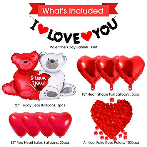 HIPEEWO Valentines Day Party Decorations - Valentine's Day Decorations Including Banner, Paper Fans, Silk Rose Petals, Teddy Bear, Red Heart and Love Foil Balloons for Valentines, Anniversary, Wedding