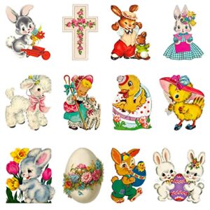 a1diee 12pcs vintage easter cutouts decorations retro easter victorian ephemera paper cut craft bunny lamb chick egg duckling cross large artwork cardboard with glue point for home wall window decor