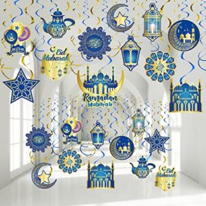 30 pieces ramadan mubarak decorations, eid mubarak hanging swirl shining gold star moon lantern ceiling foil decor for eid al-fitr party egyptian holiday decorations supplies (blue and gold)