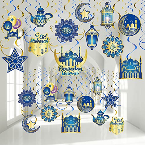 30 Pieces Ramadan Mubarak Decorations, Eid Mubarak Hanging Swirl Shining Gold Star Moon Lantern Ceiling Foil Decor for Eid Al-fitr Party Egyptian Holiday Decorations Supplies (Blue and Gold)