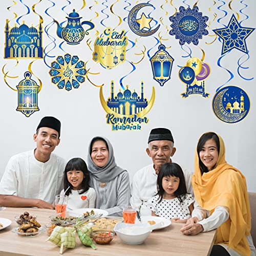 30 Pieces Ramadan Mubarak Decorations, Eid Mubarak Hanging Swirl Shining Gold Star Moon Lantern Ceiling Foil Decor for Eid Al-fitr Party Egyptian Holiday Decorations Supplies (Blue and Gold)