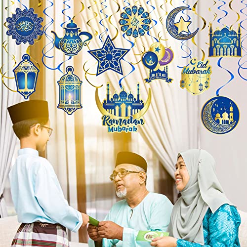 30 Pieces Ramadan Mubarak Decorations, Eid Mubarak Hanging Swirl Shining Gold Star Moon Lantern Ceiling Foil Decor for Eid Al-fitr Party Egyptian Holiday Decorations Supplies (Blue and Gold)