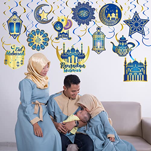 30 Pieces Ramadan Mubarak Decorations, Eid Mubarak Hanging Swirl Shining Gold Star Moon Lantern Ceiling Foil Decor for Eid Al-fitr Party Egyptian Holiday Decorations Supplies (Blue and Gold)