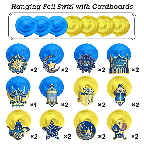 30 Pieces Ramadan Mubarak Decorations, Eid Mubarak Hanging Swirl Shining Gold Star Moon Lantern Ceiling Foil Decor for Eid Al-fitr Party Egyptian Holiday Decorations Supplies (Blue and Gold)