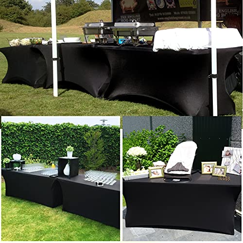 3 Pcs 8 Ft Stretch Spandex Tablecloth Rectangular Stretchable Patio Table Cover for Standard Folding Tables Fitted Cocktail Tablecloth Protector for Wedding, Banquet, Exhibitions, Party (Black)