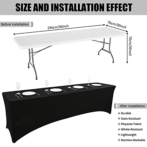 3 Pcs 8 Ft Stretch Spandex Tablecloth Rectangular Stretchable Patio Table Cover for Standard Folding Tables Fitted Cocktail Tablecloth Protector for Wedding, Banquet, Exhibitions, Party (Black)