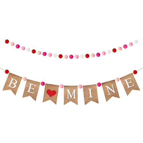 WATINC 2PCS Valentine's Day Burlap Banners Pom Pom Garland Set, Be Mine Burlap Banner with Felt Ball Decoration, Valentine Wedding Anniversary Party Bunting Garland Lover Romantic Hanging Decors