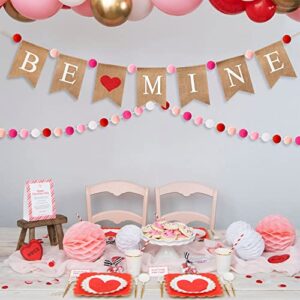 WATINC 2PCS Valentine's Day Burlap Banners Pom Pom Garland Set, Be Mine Burlap Banner with Felt Ball Decoration, Valentine Wedding Anniversary Party Bunting Garland Lover Romantic Hanging Decors