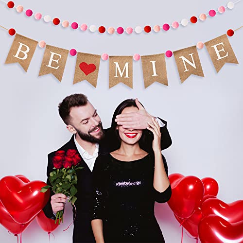 WATINC 2PCS Valentine's Day Burlap Banners Pom Pom Garland Set, Be Mine Burlap Banner with Felt Ball Decoration, Valentine Wedding Anniversary Party Bunting Garland Lover Romantic Hanging Decors