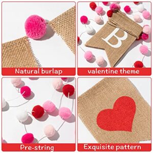 WATINC 2PCS Valentine's Day Burlap Banners Pom Pom Garland Set, Be Mine Burlap Banner with Felt Ball Decoration, Valentine Wedding Anniversary Party Bunting Garland Lover Romantic Hanging Decors