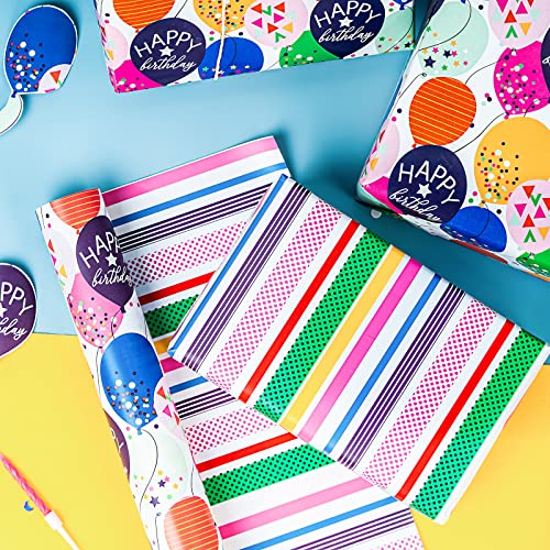 WRAPAHOLIC Birthday Reversible Wrapping Paper - Mini Roll - 17 Inch X 33 Feet - Colorful Balloon with Confetti Design for Birthday, Holiday, Party, Baby Shower