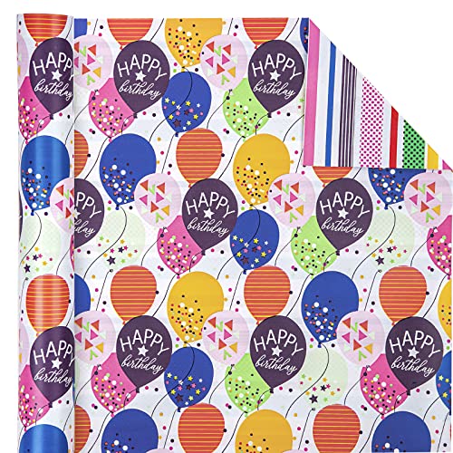 WRAPAHOLIC Birthday Reversible Wrapping Paper - Mini Roll - 17 Inch X 33 Feet - Colorful Balloon with Confetti Design for Birthday, Holiday, Party, Baby Shower