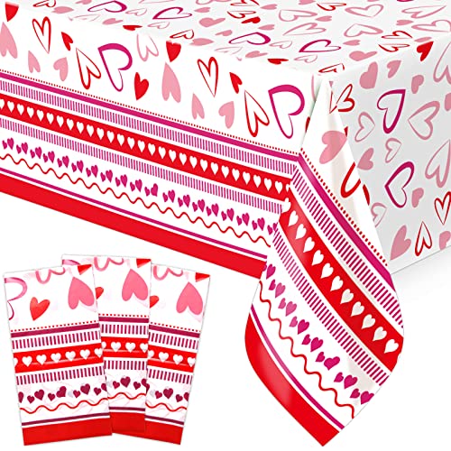 FANCY LAND Valentine Tablecloth 3 Pack Heart Red Plastic Party Decorations 54 X 108 Table Cover