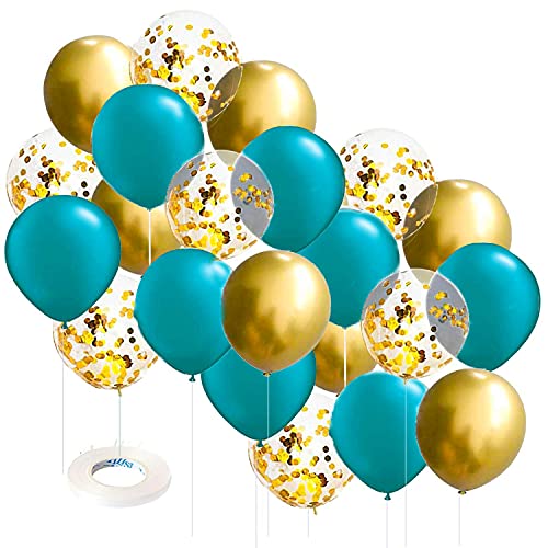 Teal Gold Balloons for Teal Turquoise Gold Birthday Decorations for Women of 30pcs Teal Gold Bridal Shower Decorations/Teal Gold Wedding Decorations/Gold Confetti Balloons