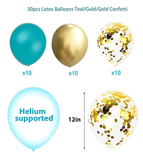 Teal Gold Balloons for Teal Turquoise Gold Birthday Decorations for Women of 30pcs Teal Gold Bridal Shower Decorations/Teal Gold Wedding Decorations/Gold Confetti Balloons