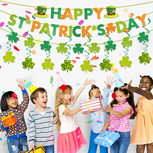 St.Patricks Day Decorations,1 Felt Shamrock Clover Garland+ 1 Happy St.Patricks Day Banner+8Pcs Hanging Swirls,St. Patrick 's Day Banner Decor perfect for Irish party supplies- Green and Light Green Color