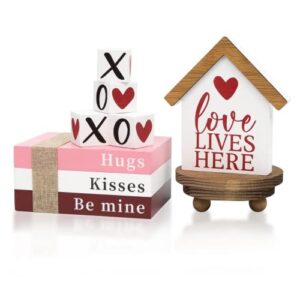 dazonge valentines day decor, 6pcs valentine tiered tray decor, be mine book stack, xoxo, love lives here house valentine signs, freestanding valentines table decorations for wedding, anniversary events
