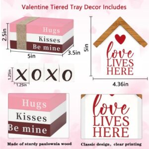 DAZONGE Valentines Day Decor, 6PCS Valentine Tiered Tray Decor, Be Mine Book Stack, XOXO, Love Lives Here House Valentine Signs, Freestanding Valentines Table Decorations for Wedding, Anniversary Events