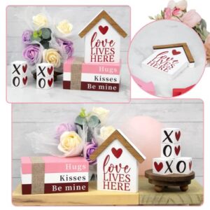 DAZONGE Valentines Day Decor, 6PCS Valentine Tiered Tray Decor, Be Mine Book Stack, XOXO, Love Lives Here House Valentine Signs, Freestanding Valentines Table Decorations for Wedding, Anniversary Events
