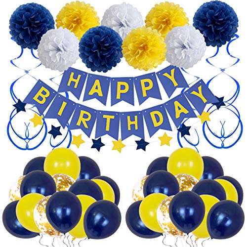 Xourspaty Birthday Decorations, Happy Birthday Party Supplies Bunting Banner for Men Women Navy Blue Yellow Confetti Latex Balloons Paper Pom Poms Hanging Swirls 13th 16th 18th 21st 30th 40th