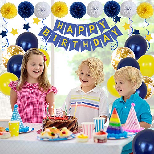 Xourspaty Birthday Decorations, Happy Birthday Party Supplies Bunting Banner for Men Women Navy Blue Yellow Confetti Latex Balloons Paper Pom Poms Hanging Swirls 13th 16th 18th 21st 30th 40th