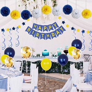 Xourspaty Birthday Decorations, Happy Birthday Party Supplies Bunting Banner for Men Women Navy Blue Yellow Confetti Latex Balloons Paper Pom Poms Hanging Swirls 13th 16th 18th 21st 30th 40th