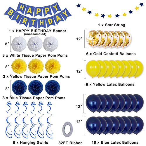 Xourspaty Birthday Decorations, Happy Birthday Party Supplies Bunting Banner for Men Women Navy Blue Yellow Confetti Latex Balloons Paper Pom Poms Hanging Swirls 13th 16th 18th 21st 30th 40th