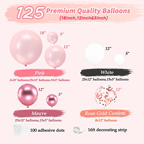 Pink and White Balloon Garland Kit, JOGAMS 5/12/18 Pink Balloon Arch Kit with White Rose Gold Confetti Mauve Balloons for Woman Girl Birthday/Girl Baby Shower/Mother's Day/Engagement Party Decorations