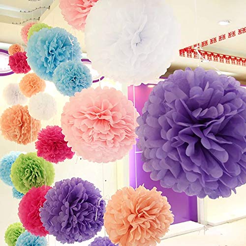 Tissue Paper Pom Poms Paper Flowers for Wedding, Birthday Celebration Party Decorations and Outdoor Decor 15 Pcs of 8,10,14 Inch (Rainbow)