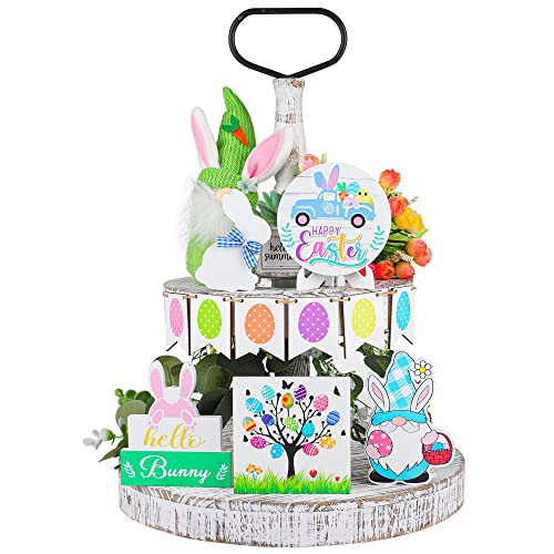 11 PCS Easter Tiered Tray Decorations Bunny Eggs Wood Signs Easter Wooden Table Signs Easter Wood Block Decor with Holder for Spring Holiday Tabletop Centerpieces Home Party Supplies