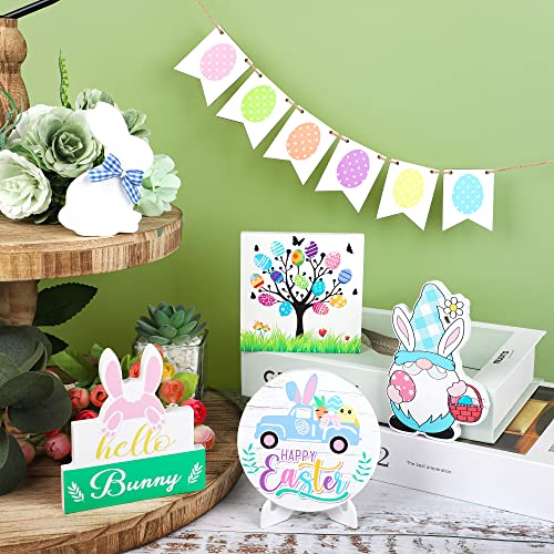 11 PCS Easter Tiered Tray Decorations Bunny Eggs Wood Signs Easter Wooden Table Signs Easter Wood Block Decor with Holder for Spring Holiday Tabletop Centerpieces Home Party Supplies