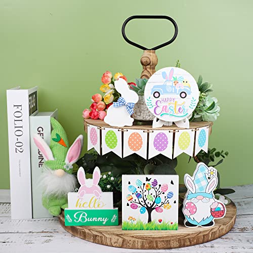 11 PCS Easter Tiered Tray Decorations Bunny Eggs Wood Signs Easter Wooden Table Signs Easter Wood Block Decor with Holder for Spring Holiday Tabletop Centerpieces Home Party Supplies