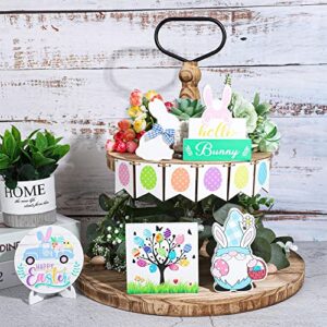 11 PCS Easter Tiered Tray Decorations Bunny Eggs Wood Signs Easter Wooden Table Signs Easter Wood Block Decor with Holder for Spring Holiday Tabletop Centerpieces Home Party Supplies