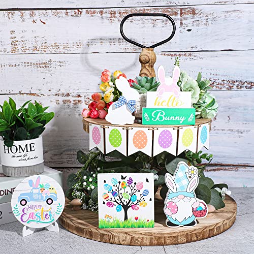 11 PCS Easter Tiered Tray Decorations Bunny Eggs Wood Signs Easter Wooden Table Signs Easter Wood Block Decor with Holder for Spring Holiday Tabletop Centerpieces Home Party Supplies