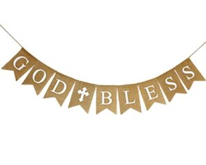 shimmer anna shine burlap god bless banner for baby girl boy baptism decorations christening first communion confirmation baby shower wedding birthday party photo props (white print)