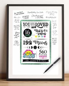 you have been loved for 16 years | 16th birthday or sweet 16 decorations | signature board for party | party supplies, guest book, or card alternative | signing board for party | poster size 11×17