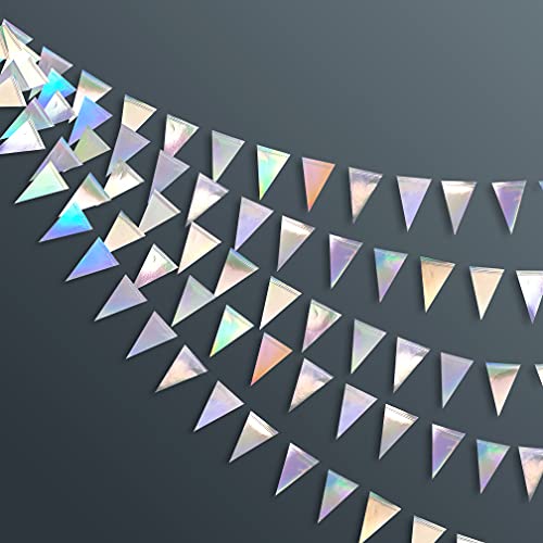 40 Ft Iridescent Triangle Banner Flag Double Sided Metallic Holographic Paper Pennant Bunting Garland for Birthday Anniversary Engagement Wedding Bridal Baby Shower Graduation Hen Party Decorations