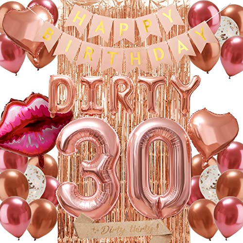 30th Birthday Decorations Set - Happy 30th Birthday Decorations with Happy Birthday Banner, Rose Gold Foil Curtains, Dirty 30 Balloons Kit, Rose Gold Sash - 30th Birthday Decorations for Her