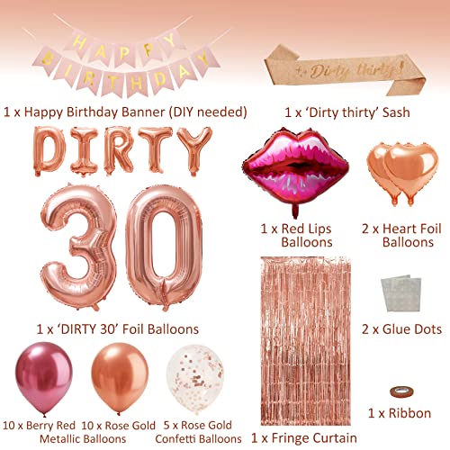 30th Birthday Decorations Set - Happy 30th Birthday Decorations with Happy Birthday Banner, Rose Gold Foil Curtains, Dirty 30 Balloons Kit, Rose Gold Sash - 30th Birthday Decorations for Her