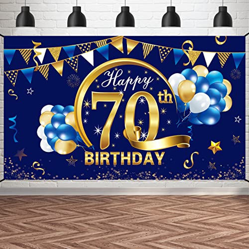 Blue Happy Birthday Banner Decorations for Men, Blue Gold Birthday Backdrop Party Supplies, Birthday Photo Background Sign Decor (blue 70th)