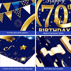 Blue Happy Birthday Banner Decorations for Men, Blue Gold Birthday Backdrop Party Supplies, Birthday Photo Background Sign Decor (blue 70th)