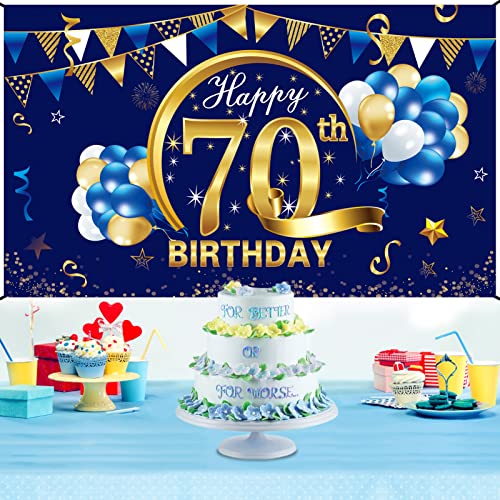 Blue Happy Birthday Banner Decorations for Men, Blue Gold Birthday Backdrop Party Supplies, Birthday Photo Background Sign Decor (blue 70th)