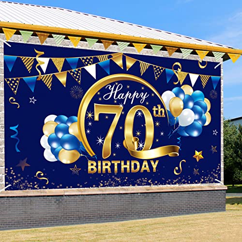 Blue Happy Birthday Banner Decorations for Men, Blue Gold Birthday Backdrop Party Supplies, Birthday Photo Background Sign Decor (blue 70th)