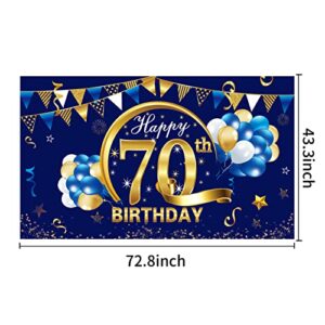 Blue Happy Birthday Banner Decorations for Men, Blue Gold Birthday Backdrop Party Supplies, Birthday Photo Background Sign Decor (blue 70th)