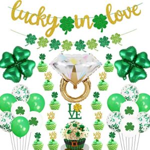 st. patrick’s day lucky in love decorations set – lucky in love banner, love shamrock cake toppers and balloons, diamond ring foil balloon for irish theme bridal shower, bachelorette, wedding party